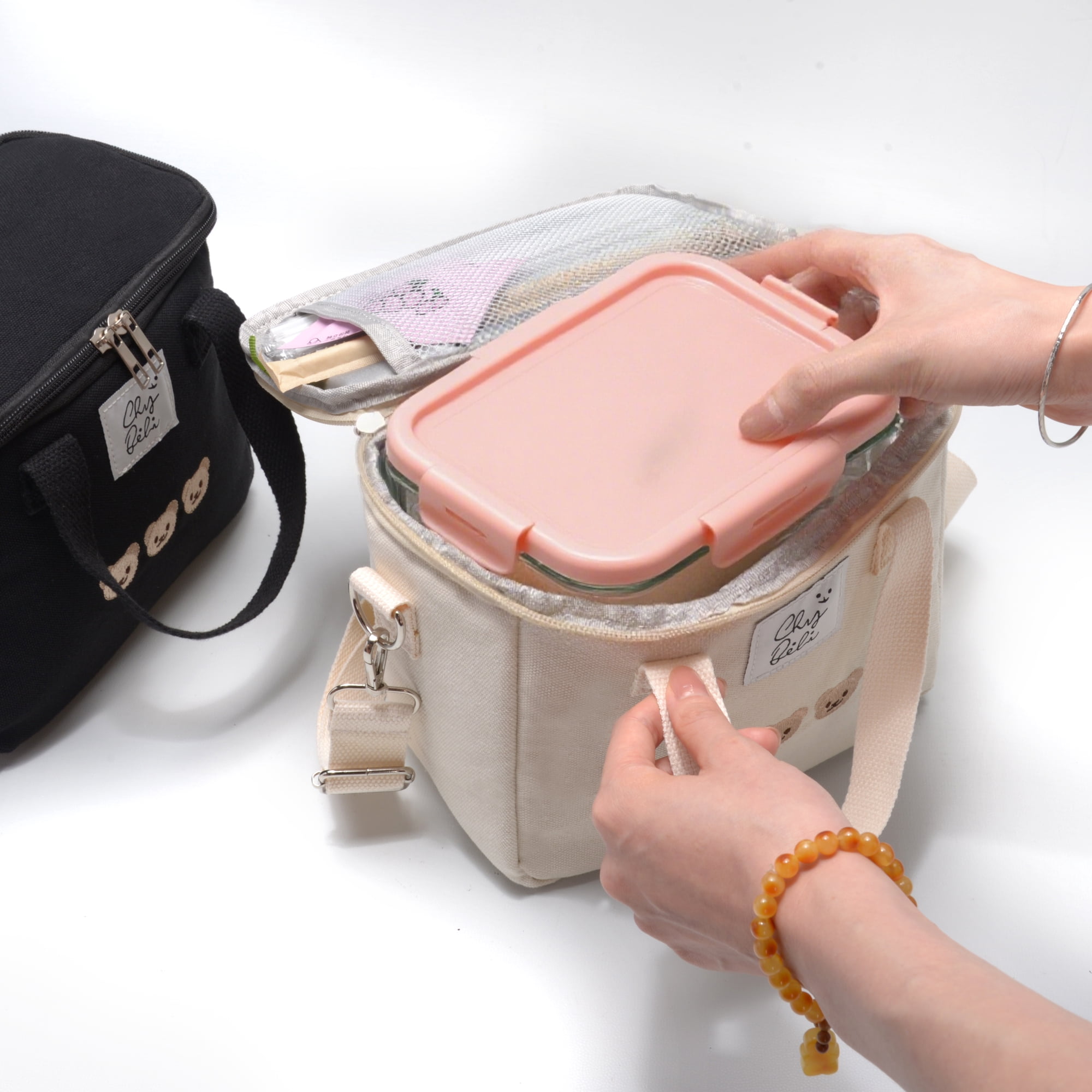 Minsong Insulated Cooler Bag Embroidered Insulation Bag, Versatile Multifunctional Lunch Box bag Portable Baby Bottle Handbag Mommy Bag Beige