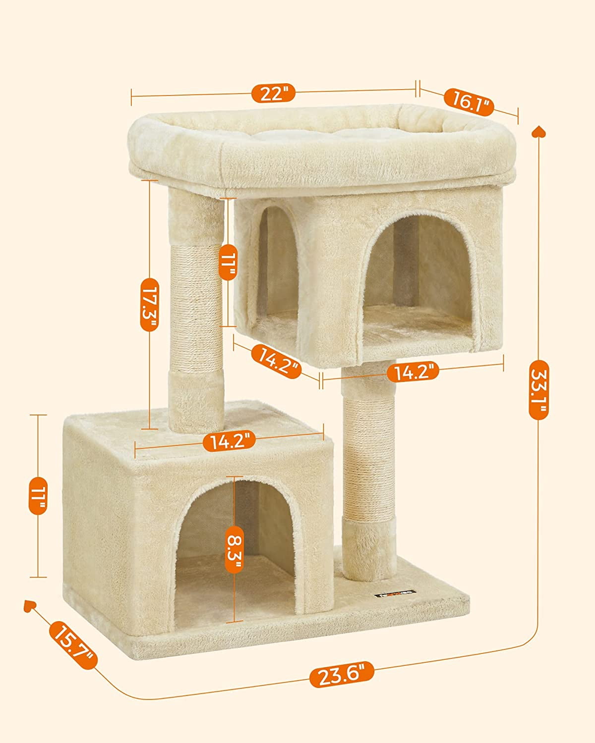 Cat Tree 33.1-Inch Cat Tower for Large Cats up to 16 lb, Large Perch, 2 Cat Caves, Scratching Post, Beige