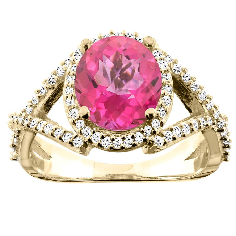 14K Yellow Gold Natural Pink Topaz Ring Oval 9x7mm Diamond Accent, size 5 by Gabriella Gold