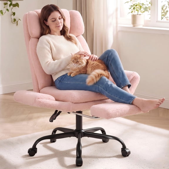 Homall Office Chair, Teddy Plush Ergonomic Criss Cross Desk Chair with Adjustable Armrests, Swivel Vanity Chair Comfy Computer Chairs, Pink