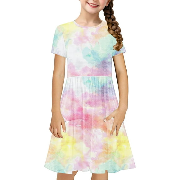 Girls Dress Summer Skater T-Shirt Dress Tie Dye Casual Short Sleeve Flowy Dress for Kids 4-14 Years