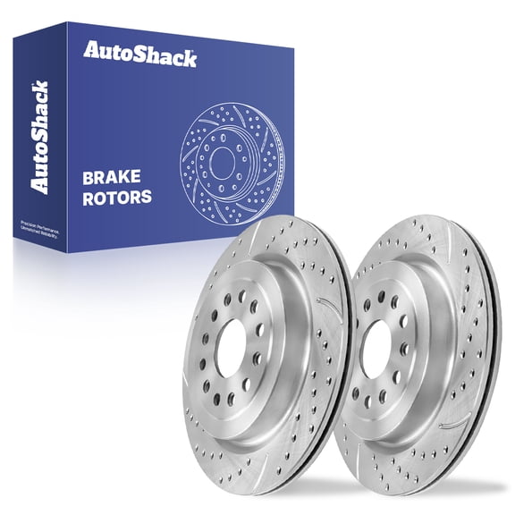 AutoShack Rear Vented Drilled & Slotted Silver Zinc Coated Brake Rotors 2-PC Set Replacement for 2019-2025 Ram 1500 SilverShield Pro 14.76" (375 mm)