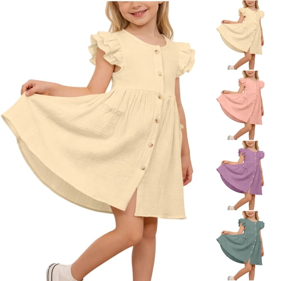 SGFCWSX Girls Ruffle Short Sleeve Dress Button Front with Pockets Summer Casual A-Line Dress for Kids Beige Size 7-8Years