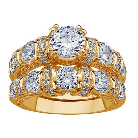14kt Gold over Sterling Silver Round CZ Wedding Ring Set