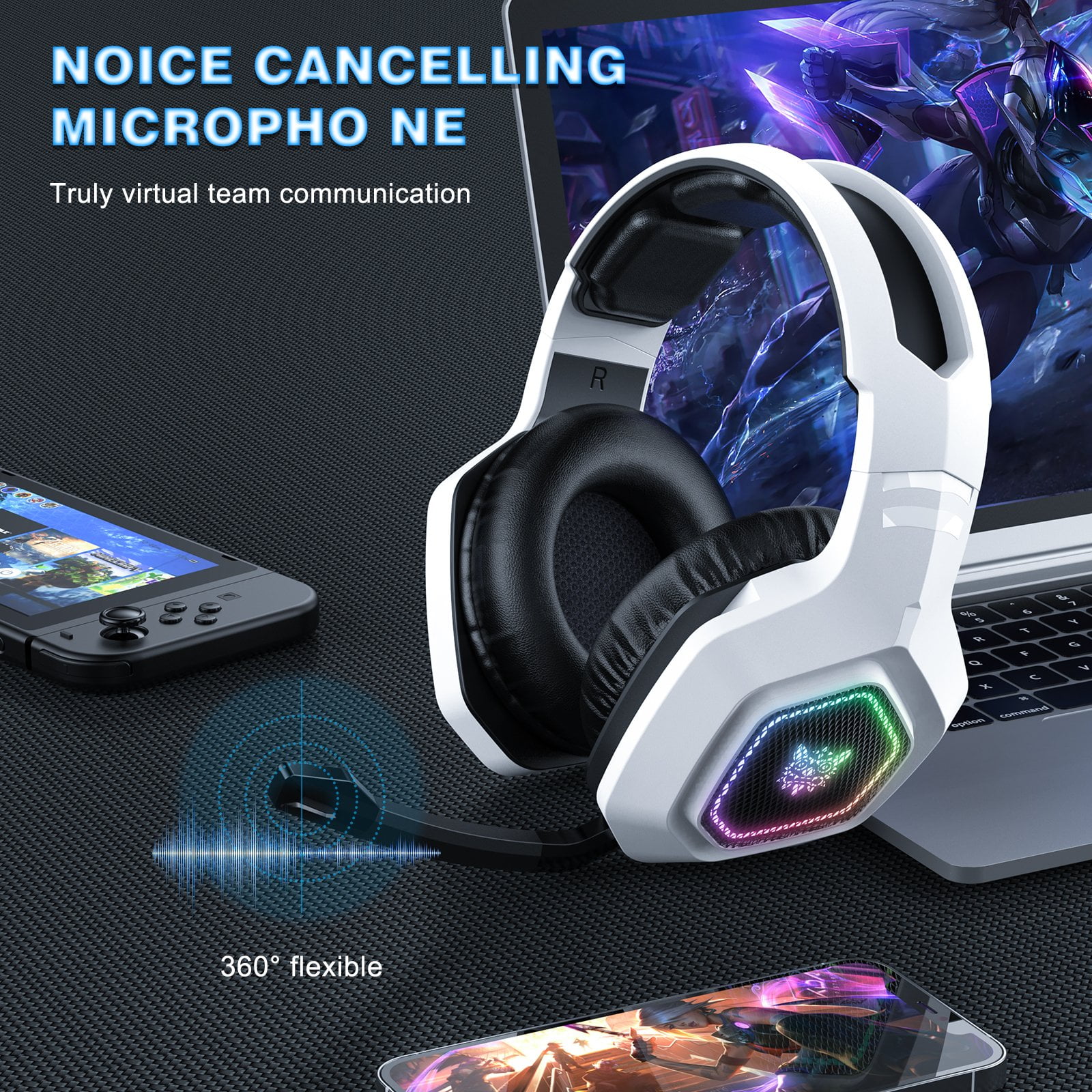 Wireless Gaming Headset for PS5/PS4/PC/Mac/Switch,Over Ear 2.4G/Bluetooth 5.3 Gaming Headphones with Noise-Canceling Mic,7.1 Surround Sound,60H Battery,RGB Lights