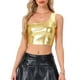 thumbnail image 1 of Top corto metálico para mujer de un solo hombro, ropa de fiesta de Halloween, club, camisetas brillantes holográficas, M dorado claro, 1 of 6