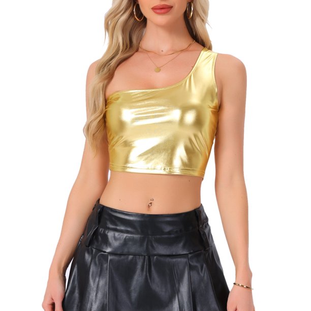 Top corto metálico para mujer de un solo hombro, ropa de fiesta de Halloween, club, camisetas brillantes holográficas, M dorado claro