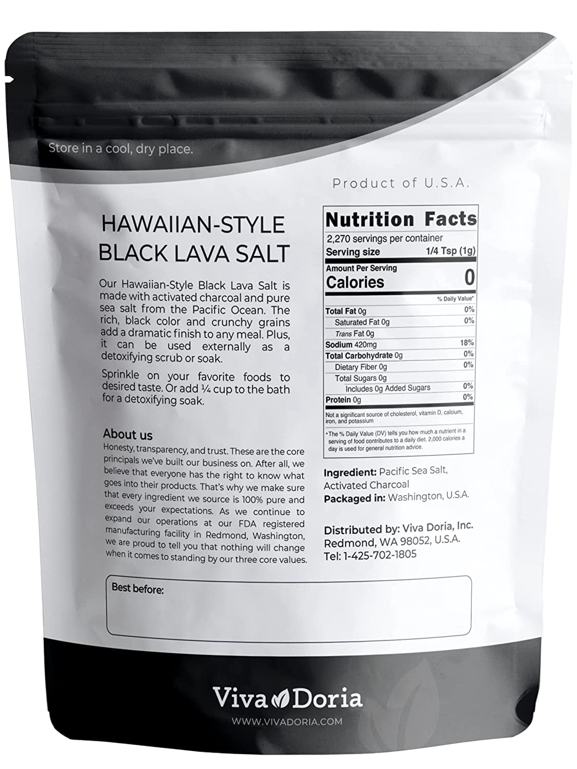 Viva Doria Hawaiian Black Lava Sea Salt, Fine Grain, 5 Lb (2.27 kg)