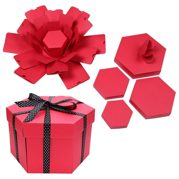 Peggybuy Explosion Box Hexagonal DIY Photo Album Scrapbooking Bomb Box Gift  (Red) 