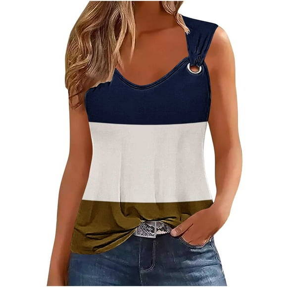 Scyoekwg Sleeveless Tops for Women Crewneck O Ring Shoulder Tank Tops Casual Summer Loose Blouses Ladies Tops Color Block Patchwork Graphic Tee Comfy (Brown,S)