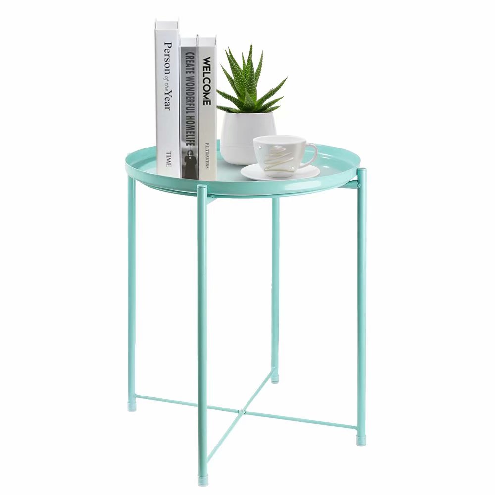 HOMRITAR Side Table Round Metal, Outdoor Side Table Small Sofa End Table Indoor Accent Table Round Metal Coffee Table Waterproof Removable Tray Table for Living Room Bedroom Balcony Office Blue - image 1 of 5
