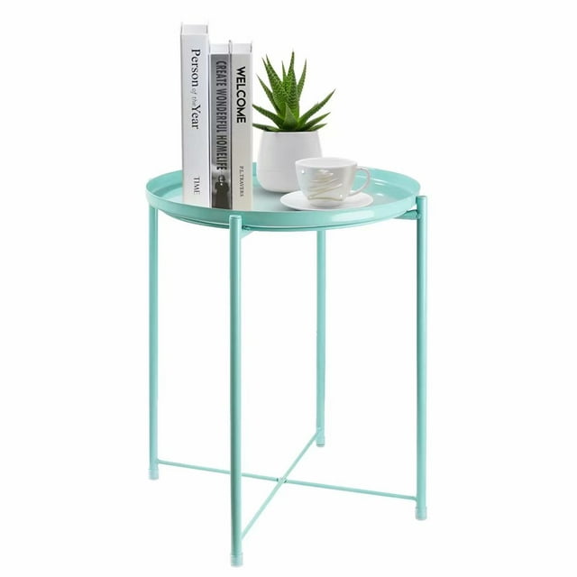 HOMRITAR Side Table Round Metal, Outdoor Side Table Small Sofa End Table Indoor Accent Table Round Metal Coffee Table Waterproof Removable Tray Table for Living Room Bedroom Balcony Office Blue