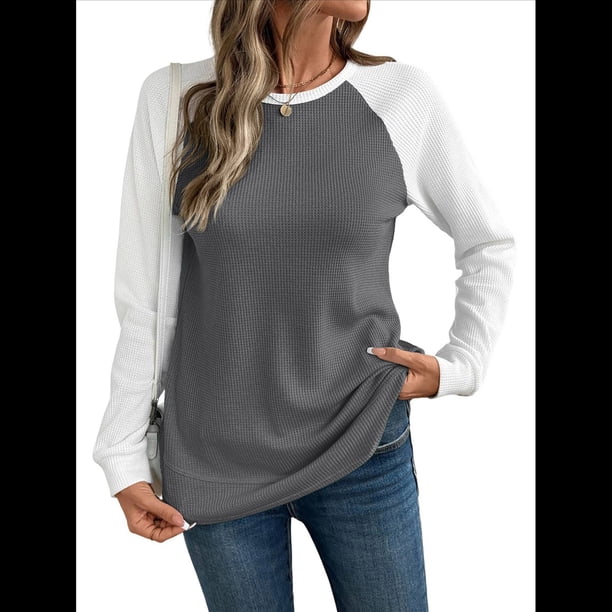 Tops Casuales de Punto Gofre con Cuello Redondo y Larga con Bloques de Color para Mujer Gris XL