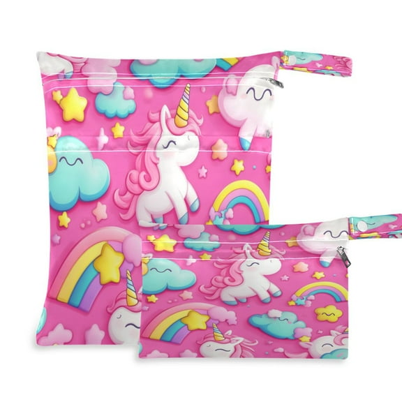 2 Pack Wet Dry Bags Waterproof Reusable Wet Bag with Handle for Travel,Diapers,Dirty Gym Clothes and Toiletries Unicorns and Clouds