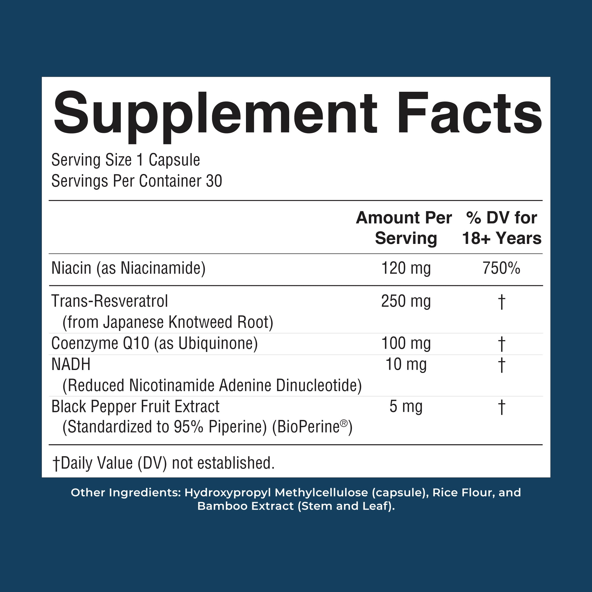 MaryRuth's NADH Capsules NAD+ Precursor for Energy Metabolism, Niacin, NAD+ Precursor, Trans-Resveratrol , CoQ10, Unisex, Ages 18+, 30 Servings