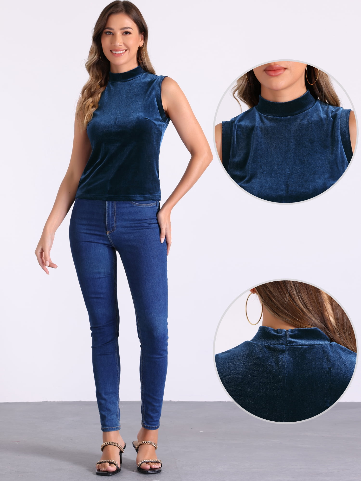DARING DIVA Women Velvet Sleeveless Mock Neck Tank Tops Shirts L Deep Blue