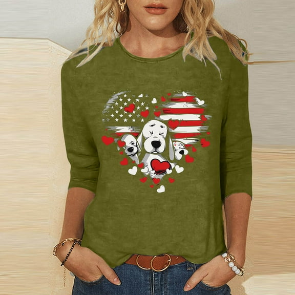 Sakmal Womens Tops Under $5 3/4 Sleeve Green Independence Day Graphic Crew Neck T-Shirts Shirts for Women