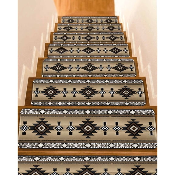 Stair Treads for Wooden Steps,Brown Southwest Peel and Stick Stair Treads with Adhesive,Farmhouse Boho Aztec Geometric Neutral Non Slip Indoor Stairs Runner Rugs Mats for Elders Dogs 8"x30" 4PCS