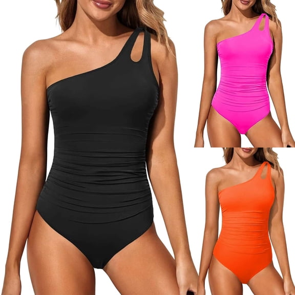 Womens One Shoulder One Piece Swimsuit Tummy Control Bathing Suits Modest Full Coverage Cutout Swimwear Orange XL(XL)