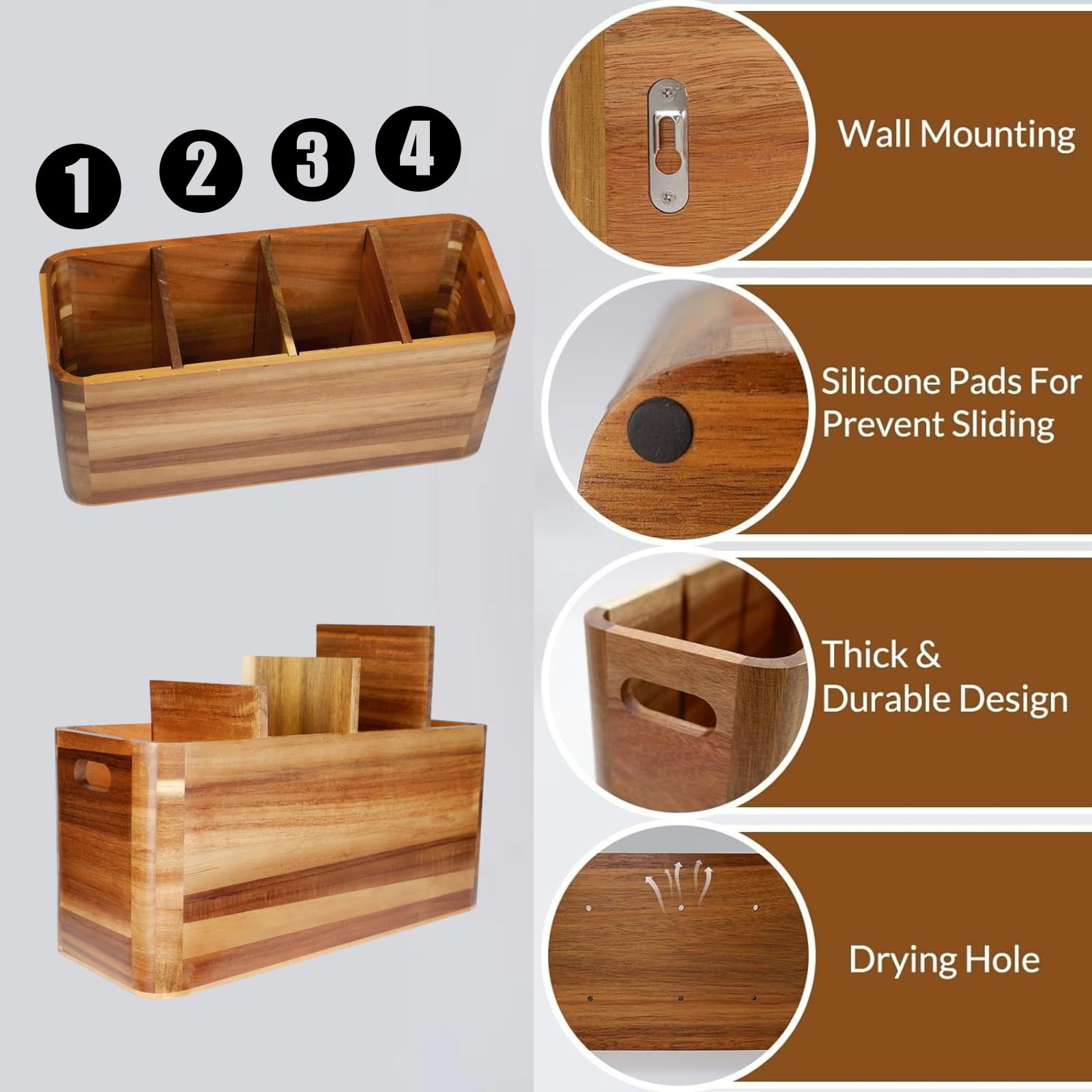 Wooden Utensil Holder for Counter or Countertop, Large Wooden Utensil Holder for Storage Cooking and Silverware with 4 Compartment, Acacia Rustic Wood Container Extra Large