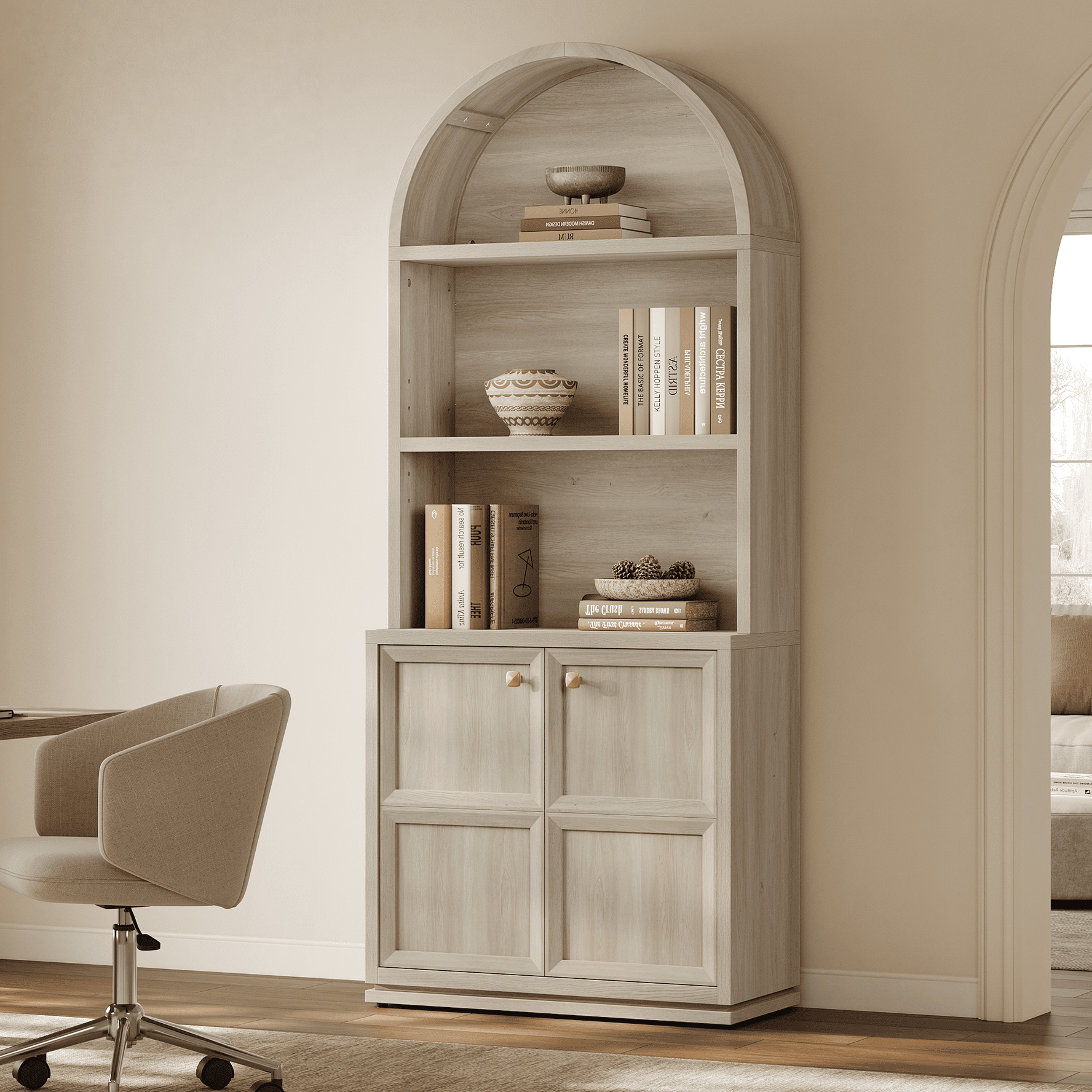 SICOTAS 81" Tall Arched Kitchen Pantry Storage Cabinet with Doors & Adjustable Shelves, Oversized 5-Tier Farmhouse Cupboard with Cable Management for Dining Room, Living Room, White Oak