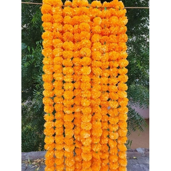 Artificial Golden Yellow Marigold Garland for Decoration 5 feet Long Strands Artificial Marigold Flowers, Indian Decor for Pooja, Wedding Christmas, Events Decorations