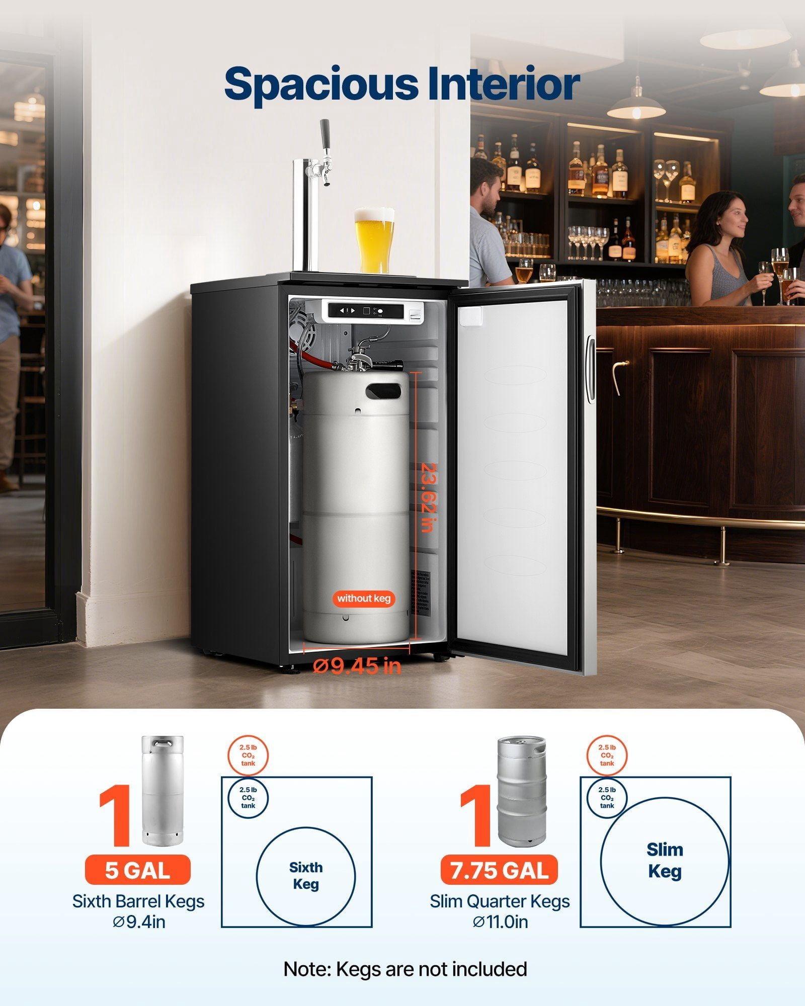 Beer Kegerator, Single Tap Commercial Draft Beer Dispenser for D system, Refrigerator With Shelves, Hold 1 Sixth Keg, 2.5lbs CO2 Tank, 92L