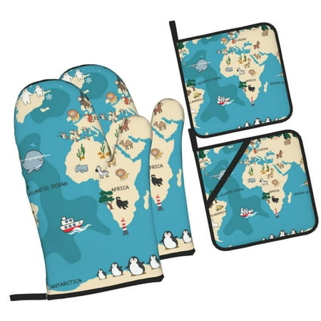 

Fotbe World Map With Animal for 4Pcs Oven Mitts and Pot Holders 500℉ Heat Resistant Oven Mitts Non-Slip Silicone Surface Safe for Baking Cooking BBQ
