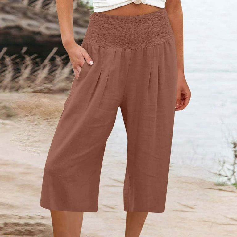 Mrat Elastic Waist Capris for Women Casual Summer Wide Leg Cropped Pants  Ladies High Waisted Stretch Pants with Pockets Cropped Trousers Female