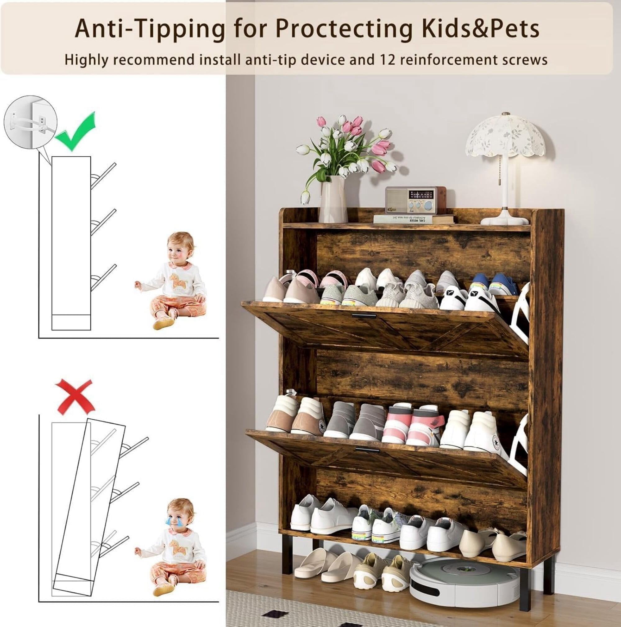 DEALTOPS Slim Flip-Drawer Shoe Cabinet – Rustic Narrow Entryway Storage for 20+ Pairs, Rustic Brown