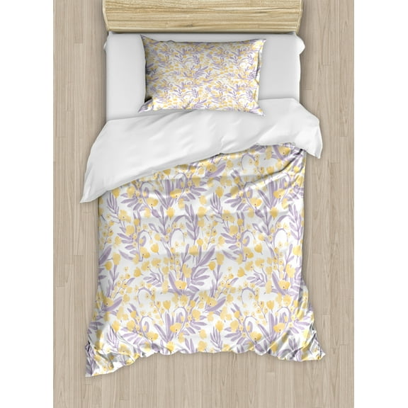 Floral Duvet Cover Set Twin Size, Watercolor Style Flower Blooms and Leaves in Pastel Tones, Decorative 2 Piece Bedding Set with 1 Pillow Sham, Mauve Mustard Pastel Yellow and White, by Ambesonne