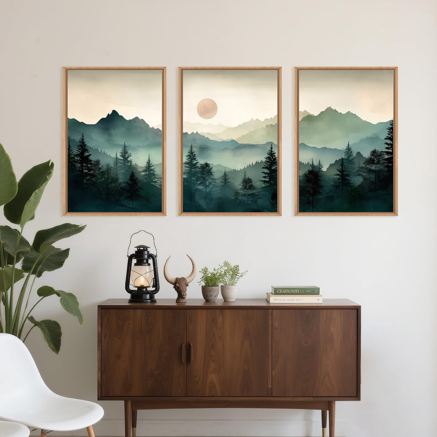 Large Boho Mountain Framed Wall Art Set,Watercolor Pine Tree Wall Painting,Abstract Foggy Green Forest Artwork,Modern Nature Sunrise Wall Decor for Living Room,Bedroom,Office-16 x24 x3
