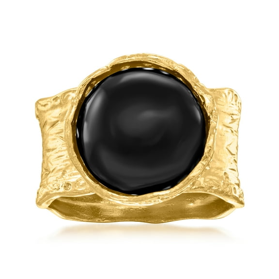 Ross-Simons Black Onyx Wide Band Ring in Textured and Polished 18kt Gold Over Sterling, Women's, Adult