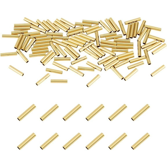 100PCS 14k Gold Plated Filled Tube Beads Small Bead 7×1.5mm Long Tube Seed Charm Gold Loose Spacer Beads for Jewelry Making DIY Earring Bracelets Necklace Crafts Gold