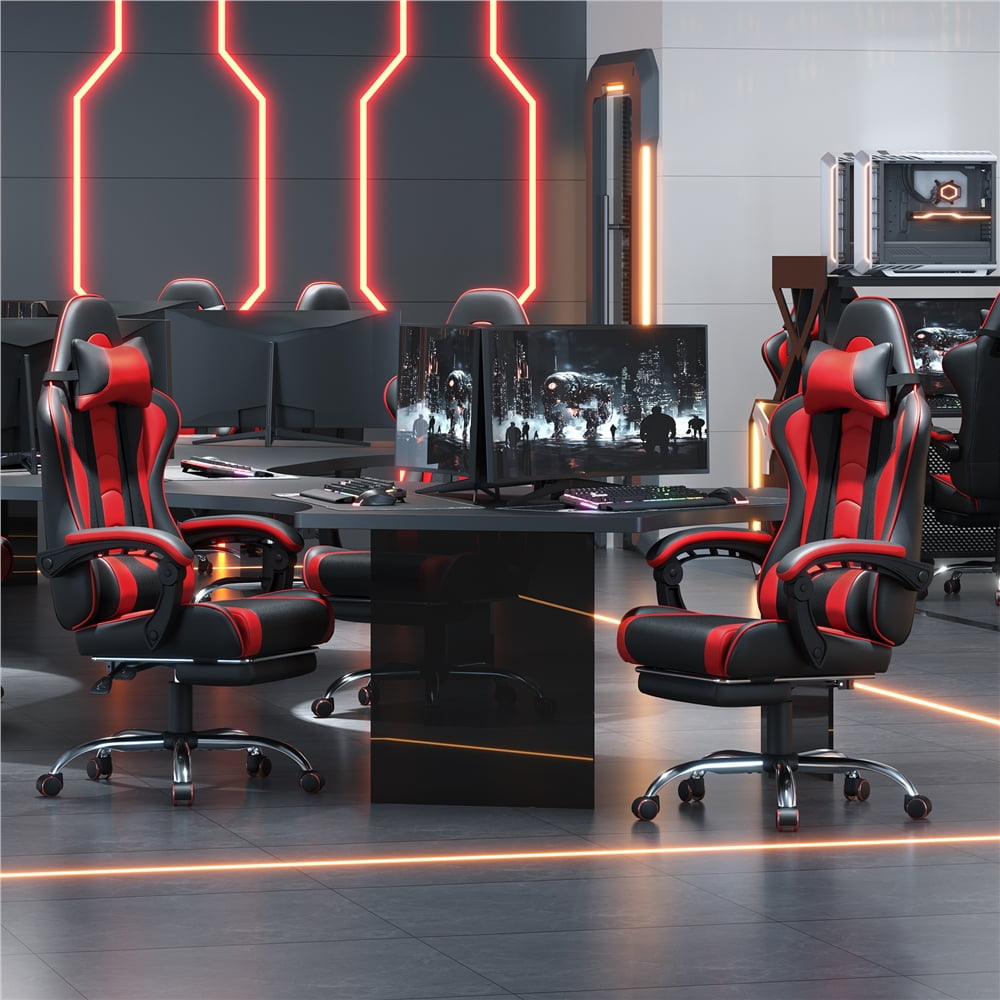 Fullfurnique Ergonomic High Back Gaming Chair with Slide Out Footrest, Black/Red