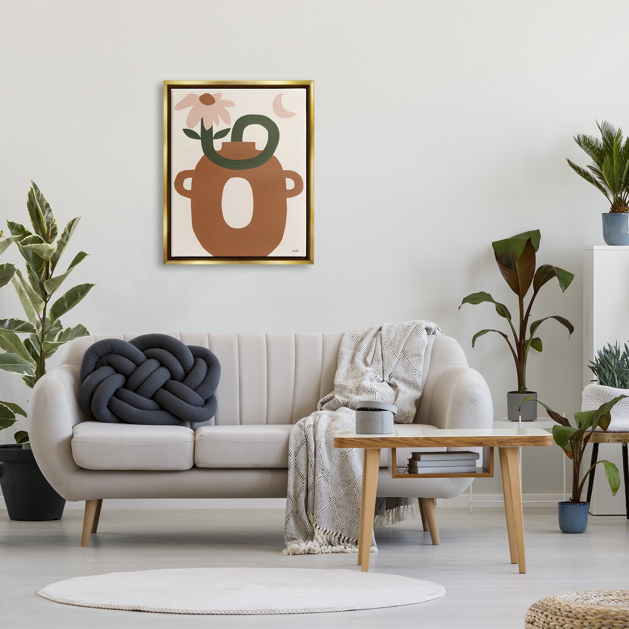 Stupell Industries Modern Boho Plant Vase Abstract Painting Gold Floater Framed Canvas Art Print Wall Art, 25 x 31