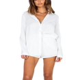 thumbnail image 3 of PENGXIANG Women‘s Spring Summer Outfit Sets Long Sleeve Lapel Button Shirt + Solid Color Drawstring Shorts, 3 of 6