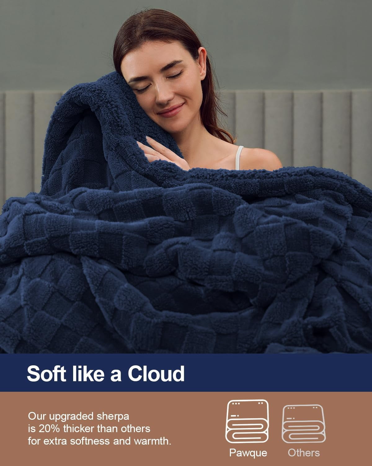 Anjee 90"x90" Queen Size Super Soft Cozy Fluffy Sherpa Fleece Reversible Thick Warm 3D Checkered Jacquard Blanket for All-Season Couch Bed, Navy Blue