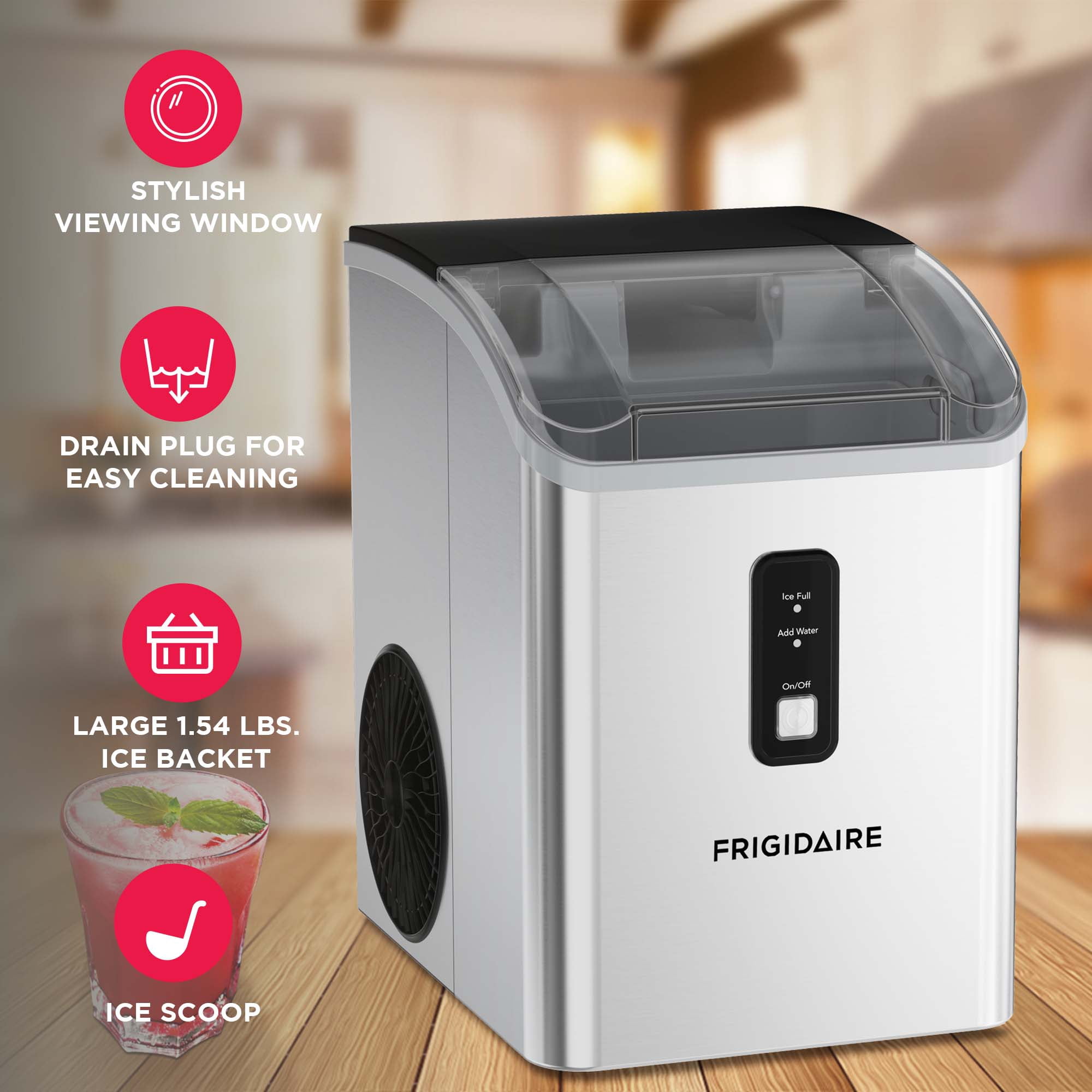 Frigidaire 33 lbs. Nugget Ice Maker, Countertop Soft Pellet Ice Maker for Home, Kitchen, Office, Bar, Stainless Steel