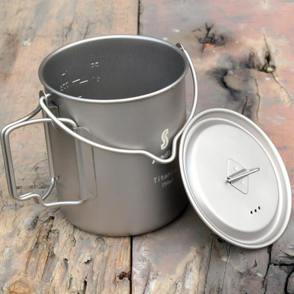 Pot en Titane Ultraléger, Tasse d'Eau en Titane et Tasse avec Couvercle et Poignée Pliable pour Accrocher Faire Cuire Camping en Plein Air Randonnée Randonnée de Pêche