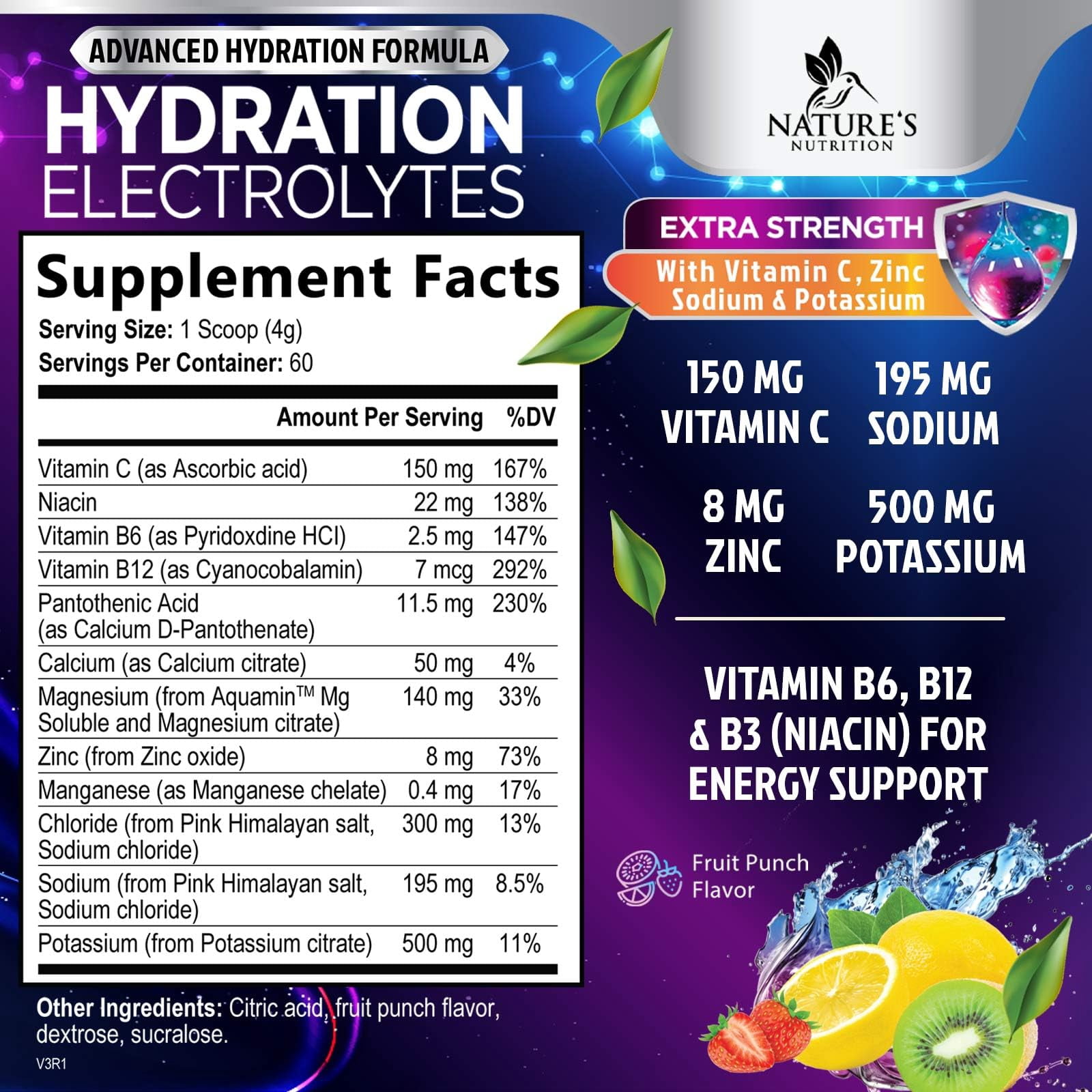 Hydration Electrolyte Powder 1200mg - Advanced Hydration Formula Daily Liquid Replenisher Drink Mix - Electrolytes Multiplier with Minerals, Potassium & Real Salt, Tasty Fruit Flavor - 60 Servings