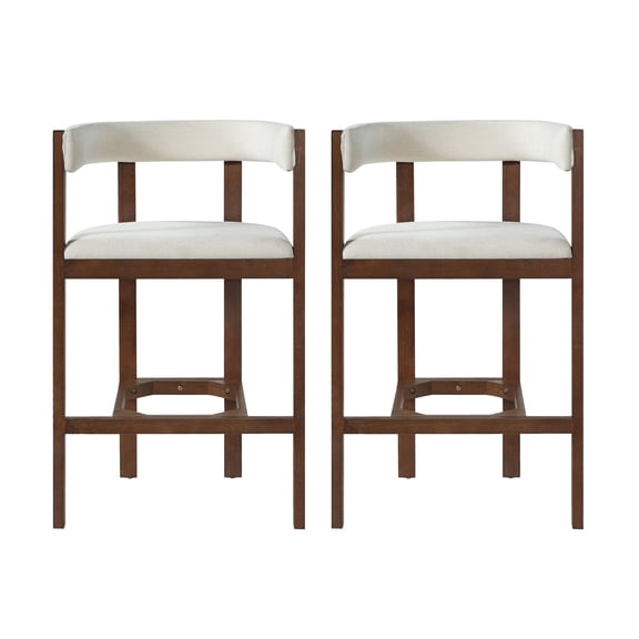FFZ Set of 2 Bar Stools with Rubberwood Frame and Upholstered Barrel Back, Beige