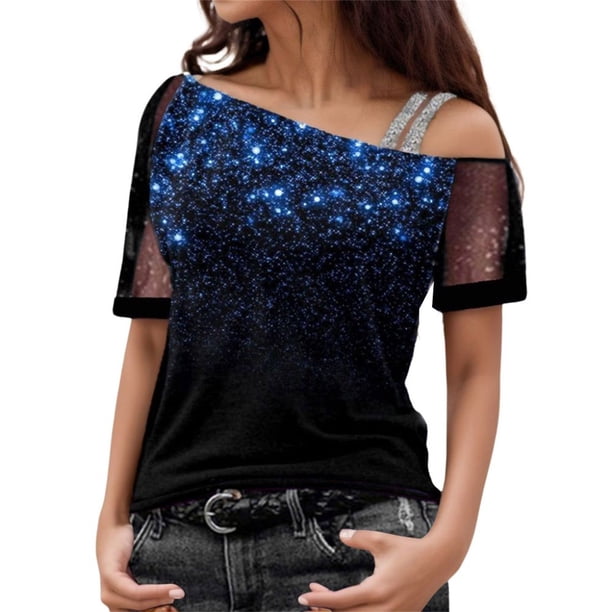 Gibobby Playera TéRmica Ligera Top de para mujer, camisas con hombros descubiertos, blusa elegante estampada de manga corta con sexi, blusa holgada(Azul, XL)