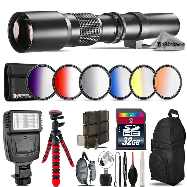 500mm Telephoto Lens for Nikon D3100 D3200 + Flash + 72" Monopad 32GB