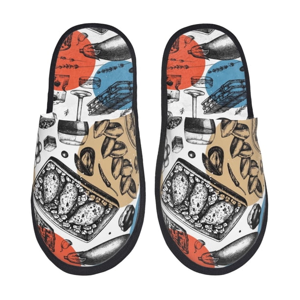 Fotbe French Food Pantuflas Peludas para Mujer con Estampado, Zapatillas de Peluche, Zapatos de Invierno para Casa, Uso Interior y Exterior-Medium
