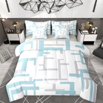 Manfei Modern Abstract Ombre 7pcs Bedding Comforter Set, Chic Sky Blue Rectangle Plaid Queen Bedding Sets, Teens Adult Female Man Reversible Queen Sheet Sets, Microfiber Bedroom Decor