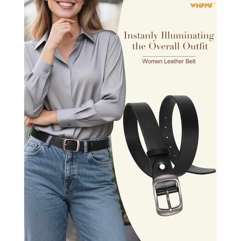 WHIPPY Women Leather Belt with Pin Buckle, Black Waist Belt  display picture 2