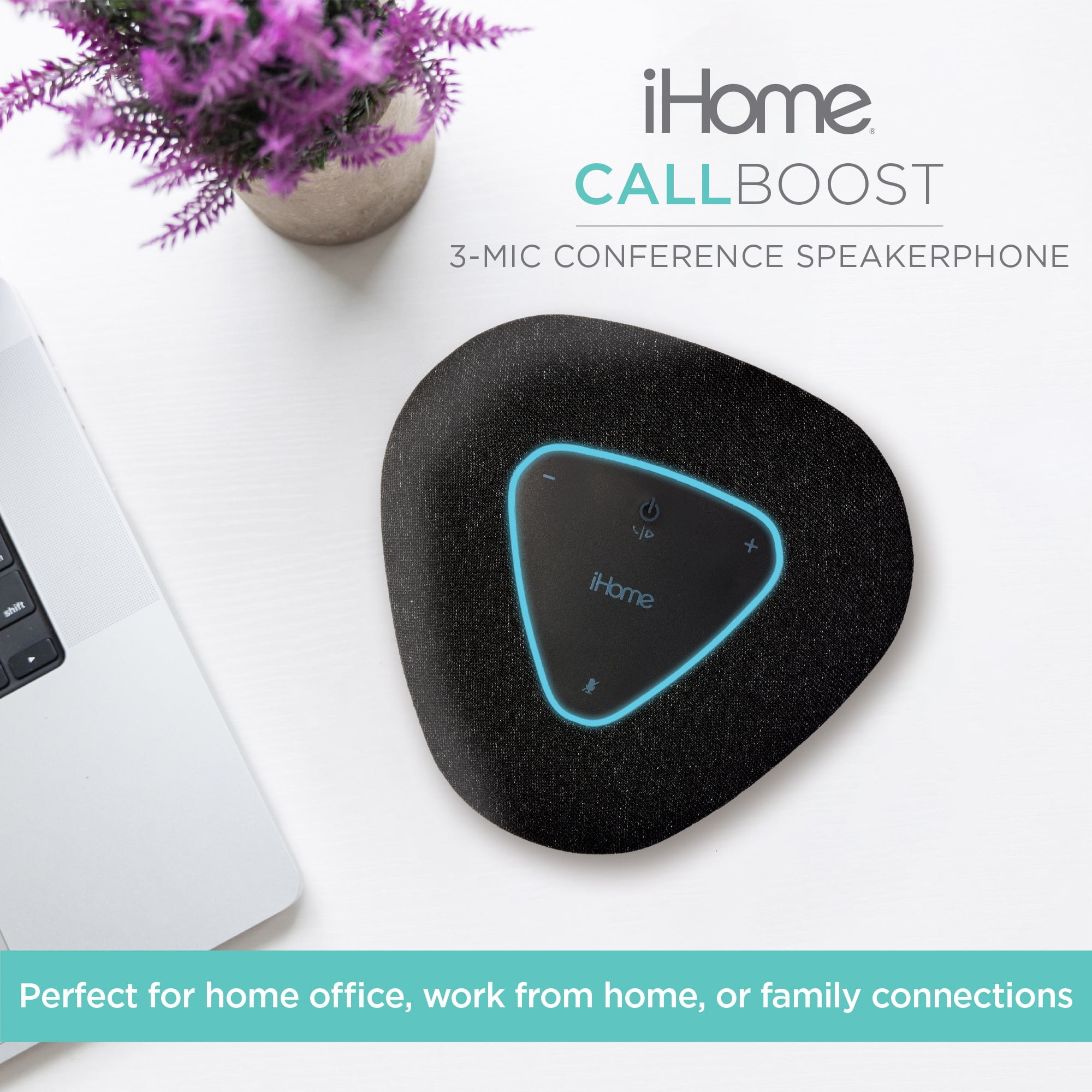 iHome Conference Speaker and Microphone, USB and Bluetooth Speakerphone with 3 Noise Cancelling Microphones for Home Office, Compatible with Mac, Wind