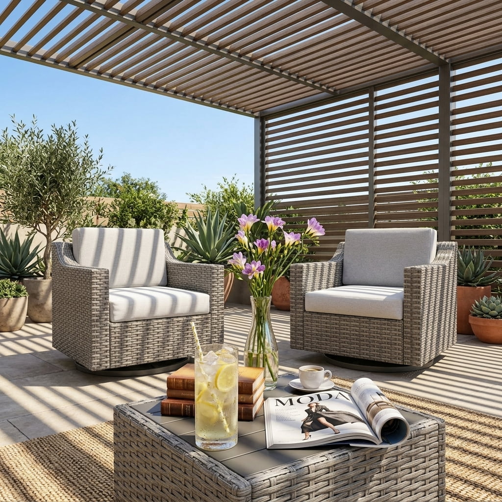 Howcool 3-Piece Outdoor Swivel Wicker Bistro Set, 360-Degree Rotation Patio Chairs with Thick Cushions and Square Rattan Side Table