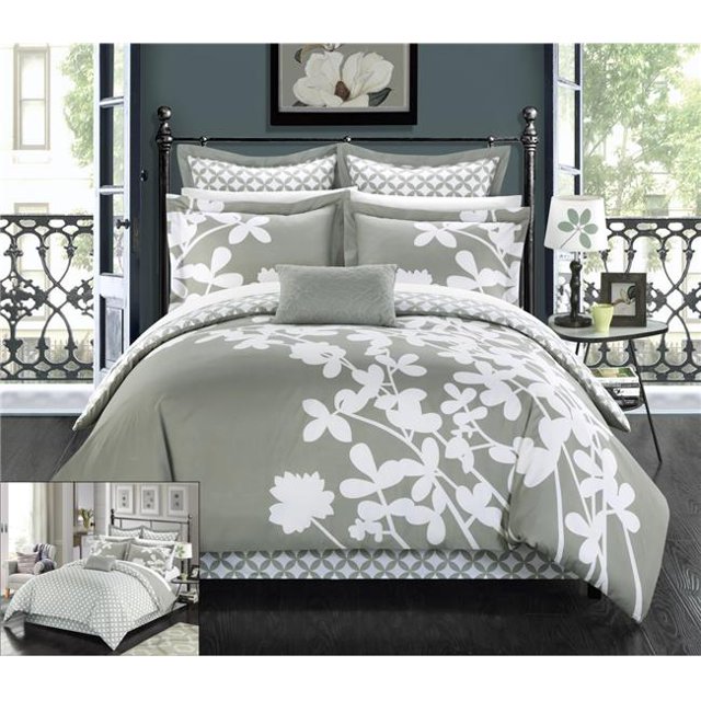 Chic Home CS1123-BIB-US 11 Pièces Siris Réversible Grand Motif Floral Imprimé avec Motif Diamant Revers Grand Couette Set & 44; Gris avec Jeu de Feuilles